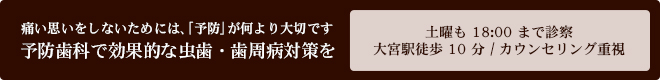 痛い思いをしないためには、「予防」が何より大切です 予防歯科で効果的な虫歯・歯周病対策を 土曜も18:00まで診察 / 大宮駅徒歩10分 / カウンセリング重視